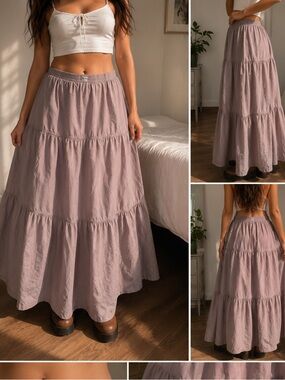 Sunday Best by Aritzia Tiered Maxi Skirt | XL | 100% Cotton | Taupe